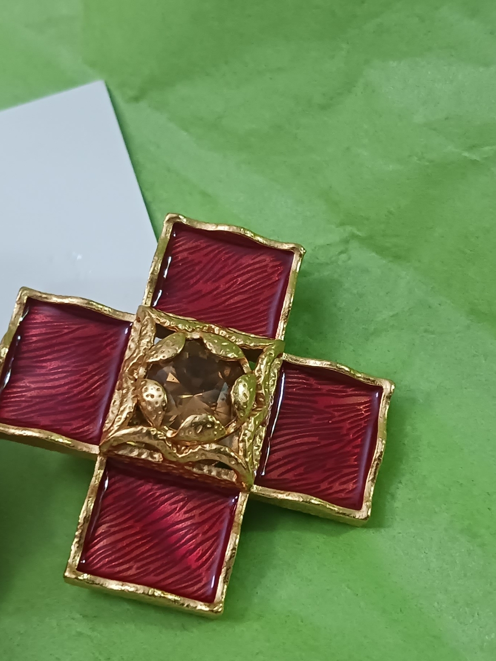 Red and Gold Statement Cross Earrings by Saint Laurent Clip Ons Made In FRANCE - Picture 2 of 13